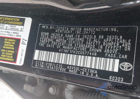 2012 Toyota Camry Se z USA, uszkodzony, nr VIN 4T1BF1FK2CU577448